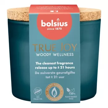 BOLSIUS True Joy Candela profumata in vetro con coperchio in sughero - Woody Wellness, Ø66x83 mm