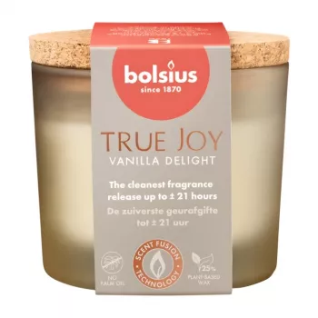 BOLSIUS True Joy Vanilla Delight candela profumata in vetro con coperchio in sughero, Ø66x83 mm