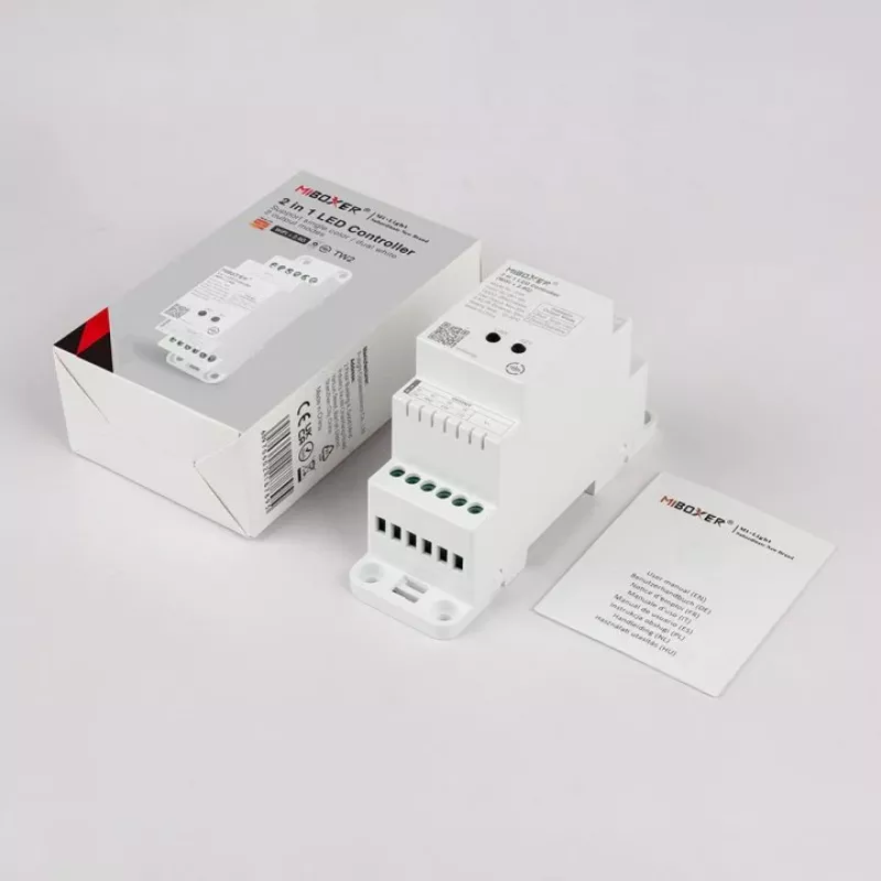 MiBoxer TW2 controller LED 2-in-1 per binario per strisce LED monocromatiche e CCT, DC12/24V, WiFi + 2,4GHz RF
