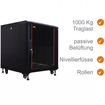 IT-BUDGET armadio di rete 19 pollici SRK - 12U - 600x600 mm - porta in vetro/acciaio - Flatpack - nero (90ITB19SRK1266GSN)