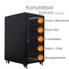 IT-BUDGET armadio di rete 19 pollici SRK set completo - 27U - 600x800 mm - porta in vetro/piena - 4 ventole attive - PDU - ripiani - Flatpack - nero (90ITB19SRK2768GS)