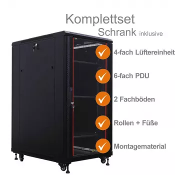 IT-BUDGET armadio di rete 19 pollici SRK set completo - 27U - 600x800 mm - porta in vetro/piena - 4 ventole attive - PDU - ripiani - Flatpack - nero (90ITB19SRK2768GS)