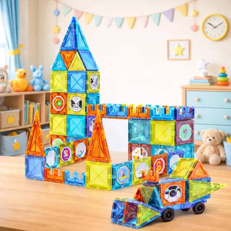 LEAN TOYS mattoncini magnetici didattici con finestre e adesivi 3D per veicoli, 138 pezzi