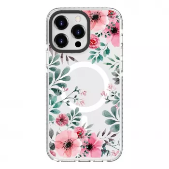 Evelatus Custodia PC+TPU per Apple iPhone 15 Pro Max compatibile MagSafe - motivo floreale trasparente