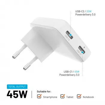 Fixed Slim caricabatterie da viaggio 2xUSB-C 65W GaN PD bianco