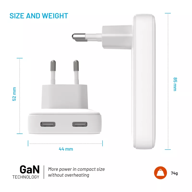 Fixed Slim caricabatterie da viaggio 2xUSB-C 65W GaN PD bianco