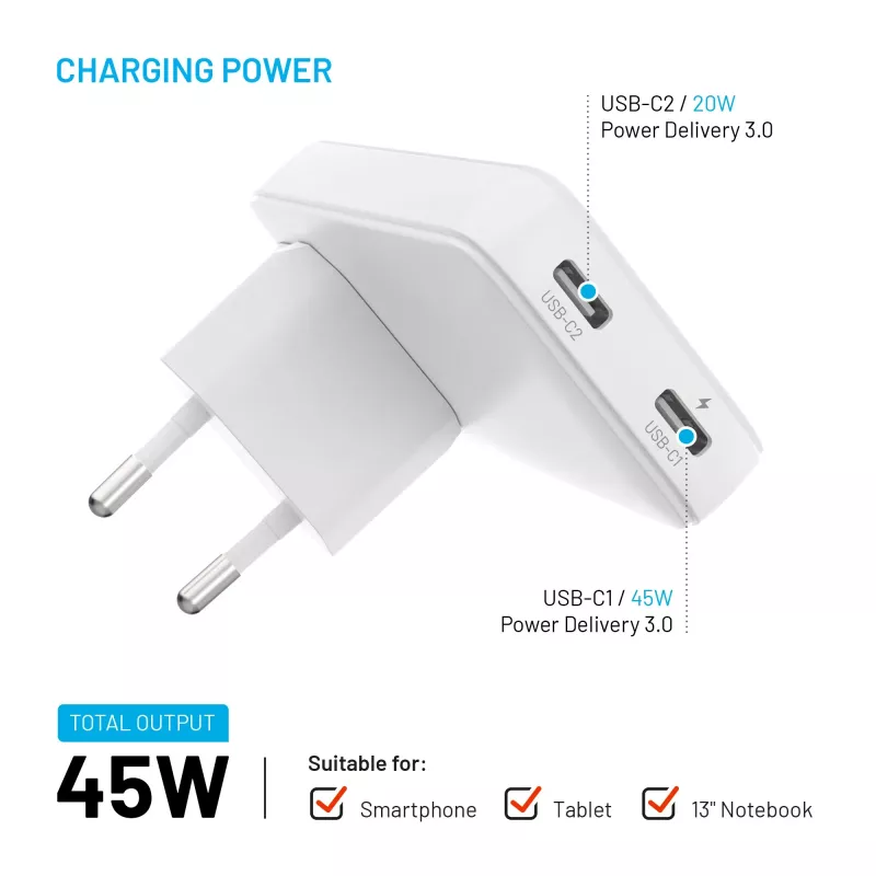 Fixed Slim Traveller caricabatterie da viaggio 2xUSB-C con adattatori mondiali, GaN, 45W – bianco