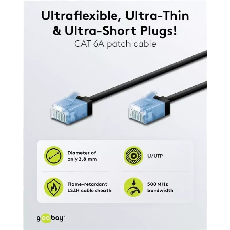 Goobay cavo patch CAT 6A Slim U/UTP ultraflex, nero, 0,25 m, connettori snagless extra corti 74233