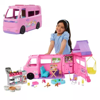 Barbie Dreamhouse Adventures Set di gioco camper con bambole, si trasforma in camper a 7 aree, oltre 60 accessori, rosa