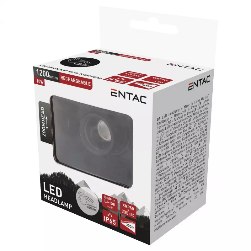 ENTAC EHL-ZH-10W-R Torcia frontale Zoom con batteria ricaricabile 10W sensore di movimento