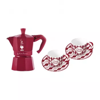 Bialetti Candyland Moka Express 3TZ set macchina per caffè manuale, 150 ml, rosso + 2 tazze