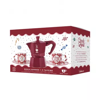 Bialetti Candyland Moka Express 3TZ set macchina per caffè manuale, 150 ml, rosso + 2 tazze