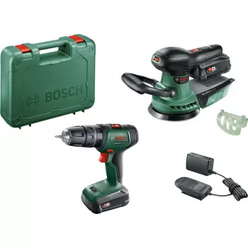 Bosch DIY set UniversalImpact 18V + AdvancedOrbit 18V, 2 batterie ricaricabili Li-Ion 2,0Ah, trapano avvitatore a percussione a batteria + levigatrice orbitale a batteria, verde (06039D410A)