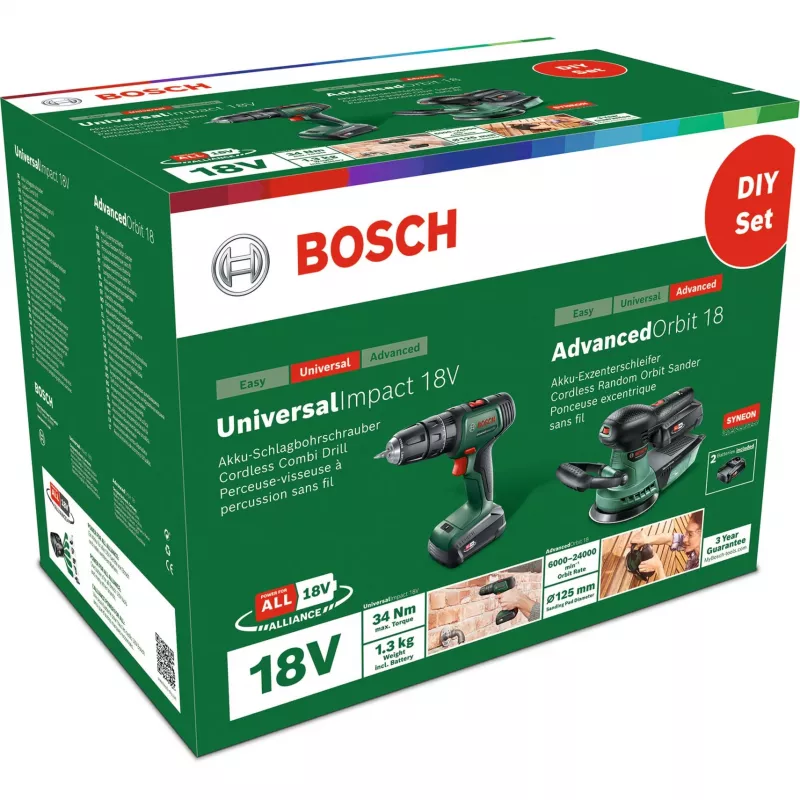 Bosch DIY set UniversalImpact 18V + AdvancedOrbit 18V, 2 batterie ricaricabili Li-Ion 2,0Ah, trapano avvitatore a percussione a batteria + levigatrice orbitale a batteria, verde (06039D410A)