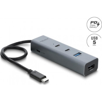 Delock Hub USB 5 Gbps 4 porte con connettore maschio USB Type-C™ su 2 x connettore USB Type-A + 2 x connettore USB Type-C™ e PD 100 W (64378)