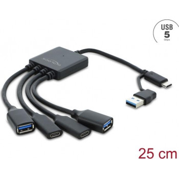 Delock Hub a cavo USB 5 Gbps 4 porte con connettore maschio USB Type-C™ o USB Type-A su 2 x connettore femmina USB Type-A + 2 x connettore femmina USB Type-C™ - 25 cm (64375)