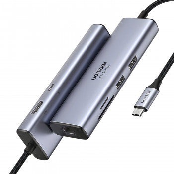 UGREEN 60515 adattatore multiporta USB-C 7-in-1, 4K HDMI, Gigabit Ethernet, 100 W PD, grigio