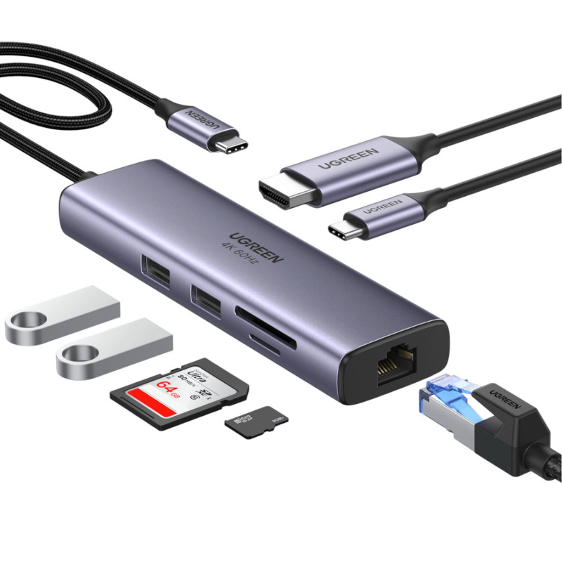 UGREEN 60515 adattatore multiporta USB-C 7-in-1, 4K HDMI, Gigabit Ethernet, 100 W PD, grigio
