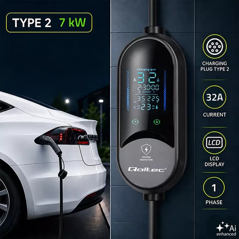 Qoltec caricabatterie mobile EV per auto elettriche e ibride, regolazione 2-in-1, Type 2, 7 kW, 230 V, CEE 32 A, LED, 5 m
