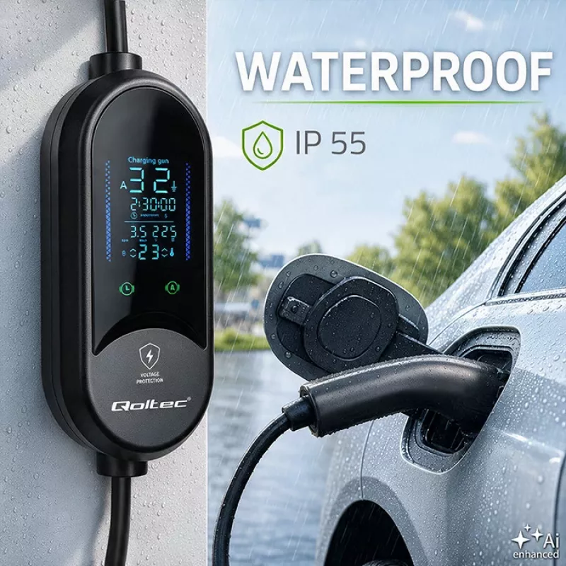 Qoltec caricabatterie mobile EV per auto elettriche e ibride, regolazione 2-in-1, Type 2, 7 kW, 230 V, CEE 32 A, LED, 5 m