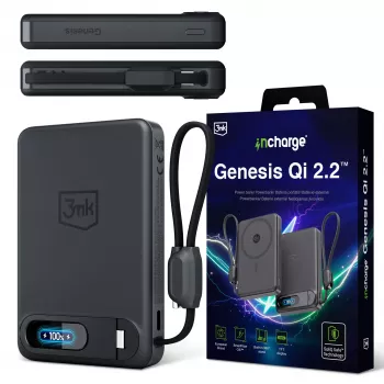 Caricabatterie wireless 3mk incharge Genesis Qi2 25W + PD 45W con cavo USB-C integrato, nero