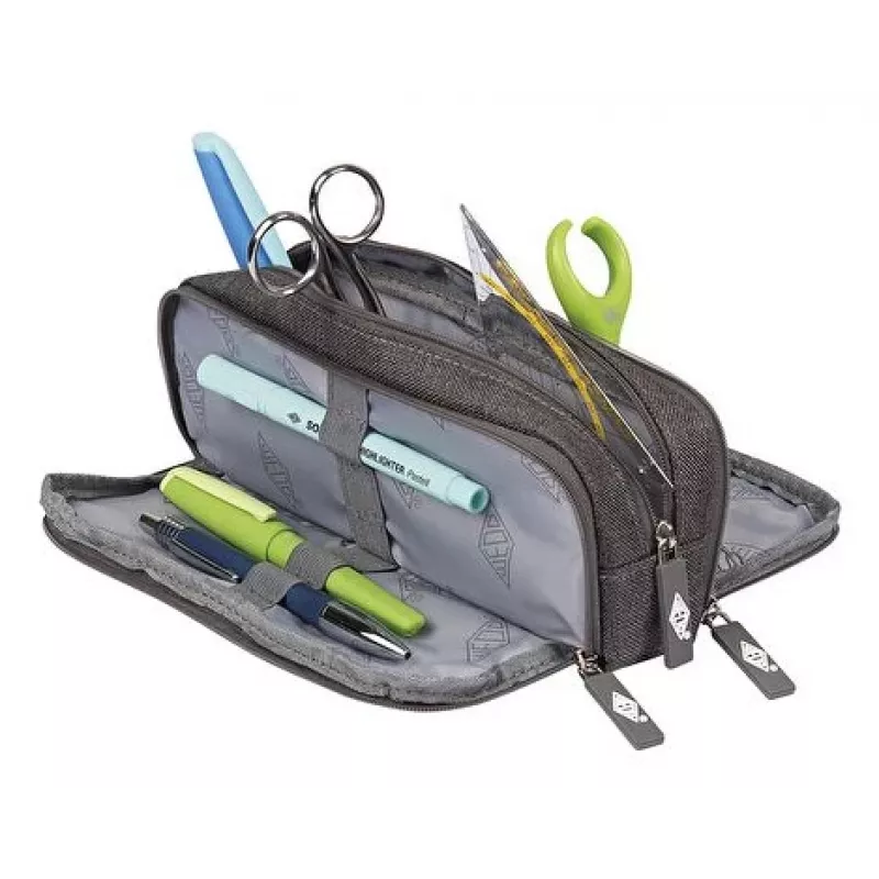 WEDO Astuccio portapenne College, poliestere, grigio, scomparto interno spazioso, 3 scomparti con zip, 7 penne