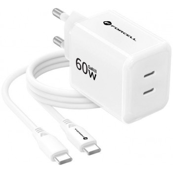 Forcell F-Energy GaN III Crystal Color VT-60 60W PD QC 4.0 2x USB-C caricabatterie da parete bianco + cavo