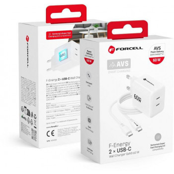 Forcell F-Energy GaN III Crystal Color VT-60 60W PD QC 4.0 2x USB-C caricabatterie da parete bianco + cavo