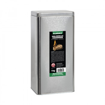 Flamax accendifuoco ecologico in lana di legno 1 kg in una scatola di metallo