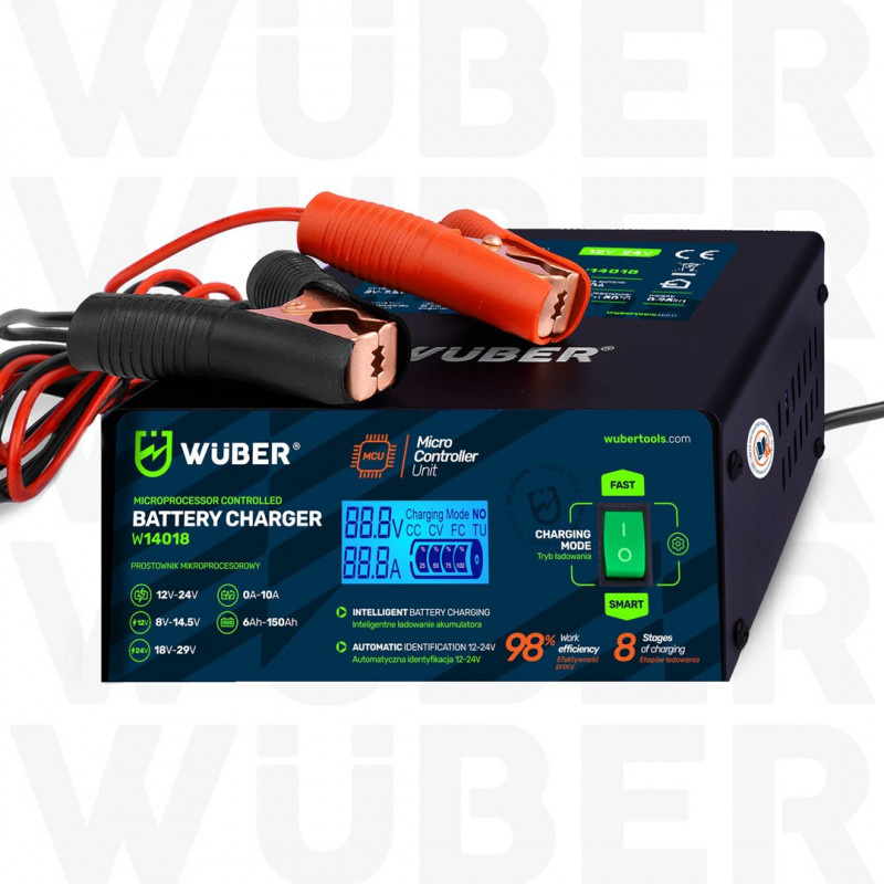 Wuber W14018 caricabatterie automatico a microprocessore per auto, 10 A, 6-150 Ah, 2-24 V