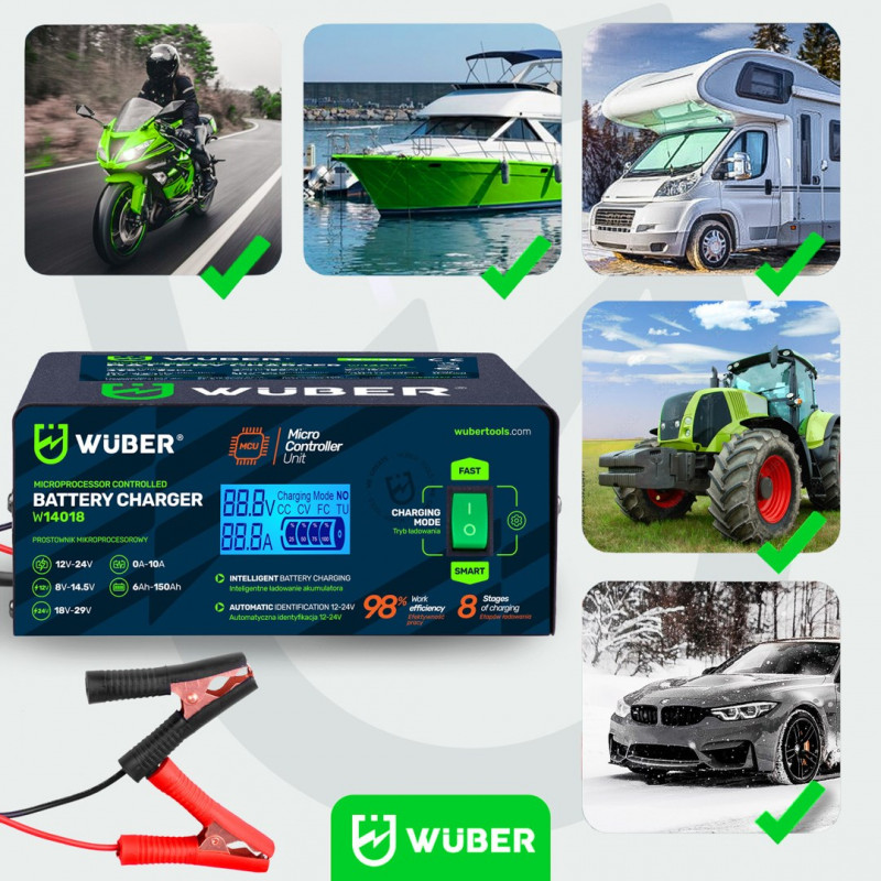 Wuber W14018 caricabatterie automatico a microprocessore per auto, 10 A, 6-150 Ah, 2-24 V