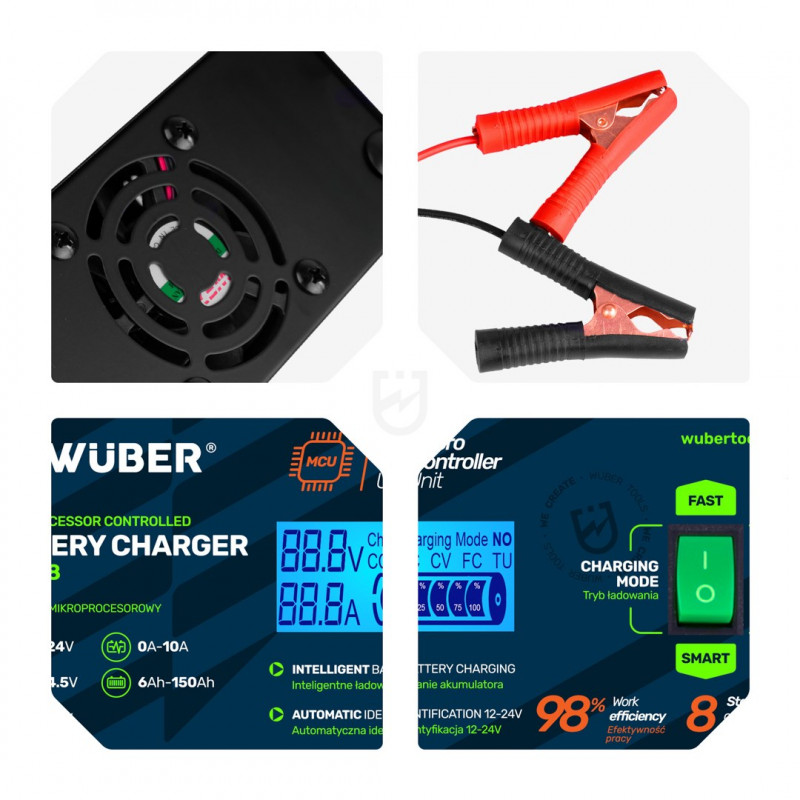 Wuber W14018 caricabatterie automatico a microprocessore per auto, 10 A, 6-150 Ah, 2-24 V