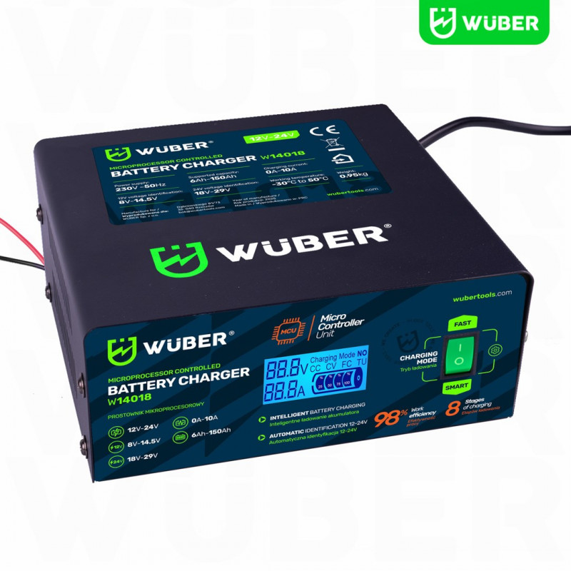 Wuber W14018 caricabatterie automatico a microprocessore per auto, 10 A, 6-150 Ah, 2-24 V