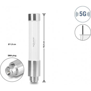 Delock 5G 3700 - 4200 MHz antenna connettore maschio SMA 3 dBi omnidirezionale fissa per esterni bianco 10 cm
