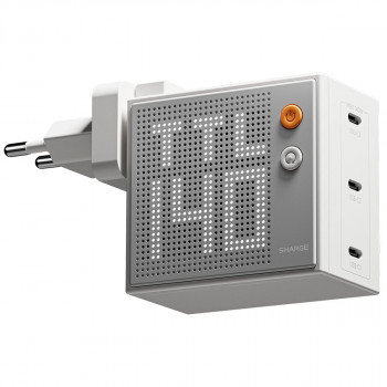 SHARGE Pixel 140 caricabatterie GaN, 140W, 3x USB-C, display a matrice di punti - bianco