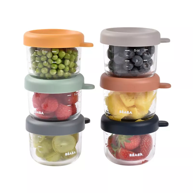 Beaba Set di contenitori in vetro con coperchio 6 x 150 ml Sunrise color mix