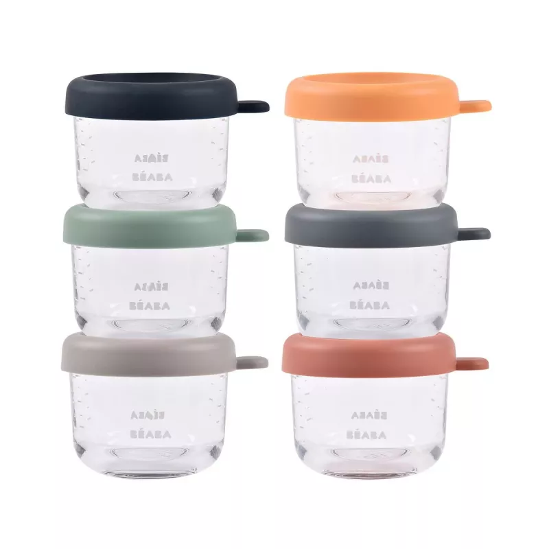 Beaba Set di contenitori in vetro con coperchio 6 x 150 ml Sunrise color mix