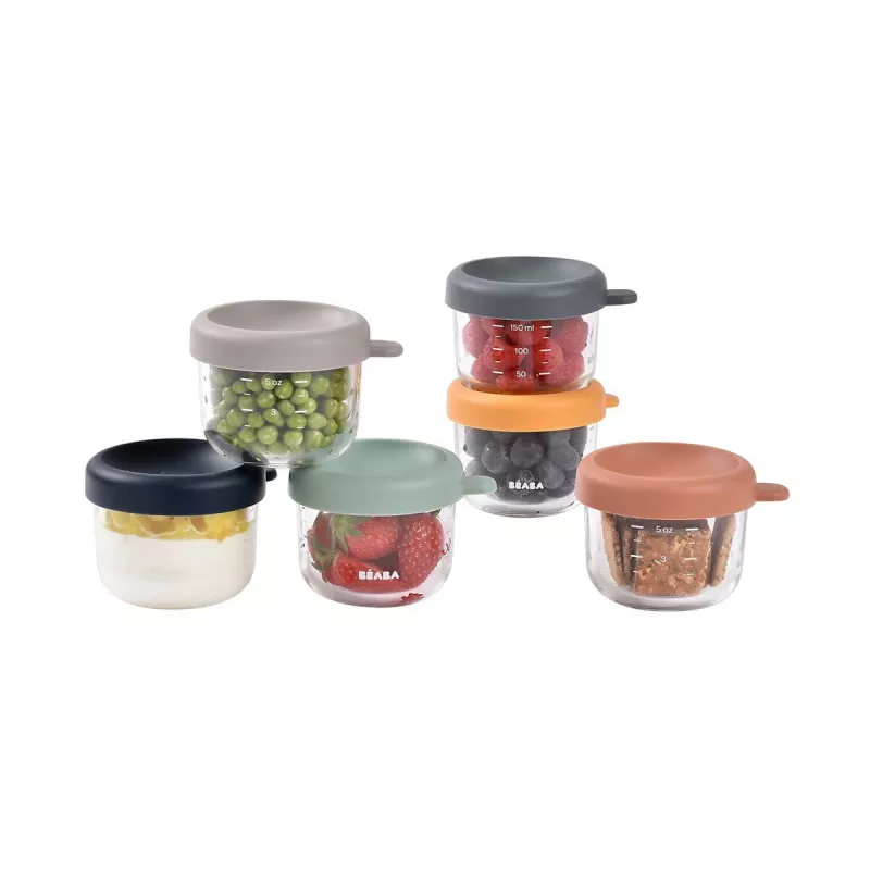 Beaba Set di contenitori in vetro con coperchio 6 x 150 ml Sunrise color mix