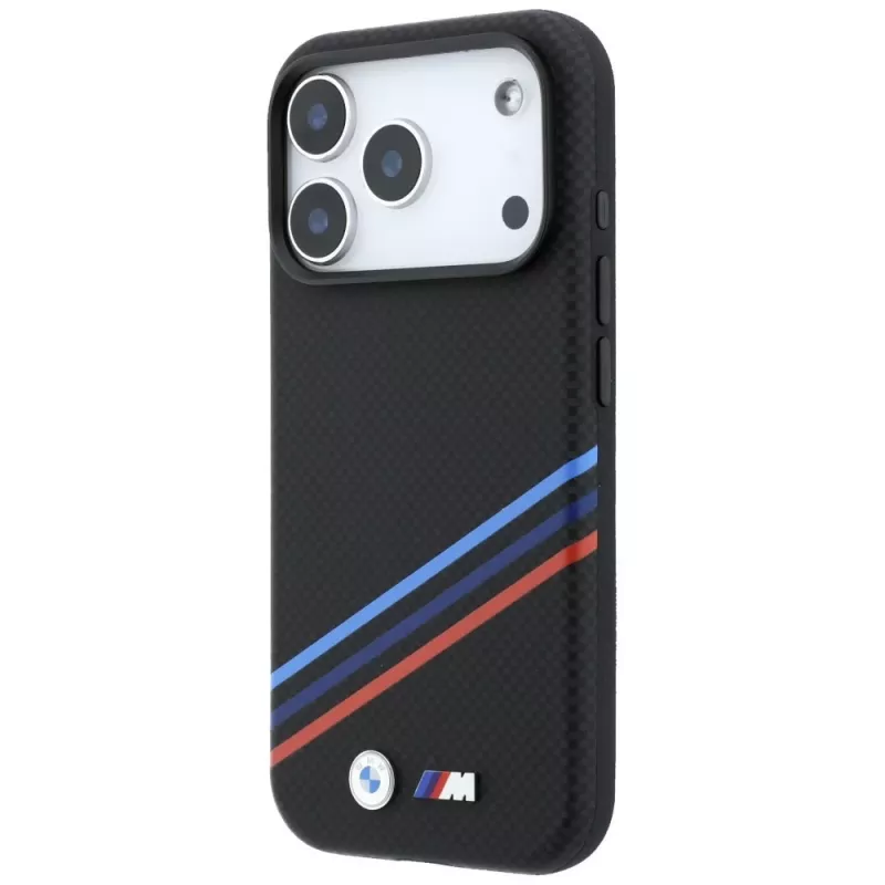 BMW M Quadrille Kevlar Print Tricolor Lines & Metal Logo MagSafe custodia per iPhone 18 Pro Max / 17 Pro Max, nero