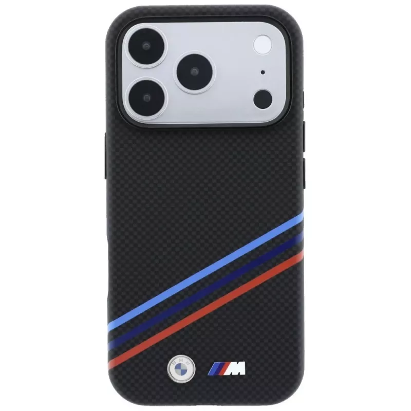 BMW M Quadrille Kevlar Print Tricolor Lines & Metal Logo MagSafe custodia per iPhone 18 Pro Max / 17 Pro Max, nero