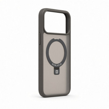Evelatus Shield cover con MagSafe e supporto per Apple iPhone 18 Pro, anello opaco, grigio fumo