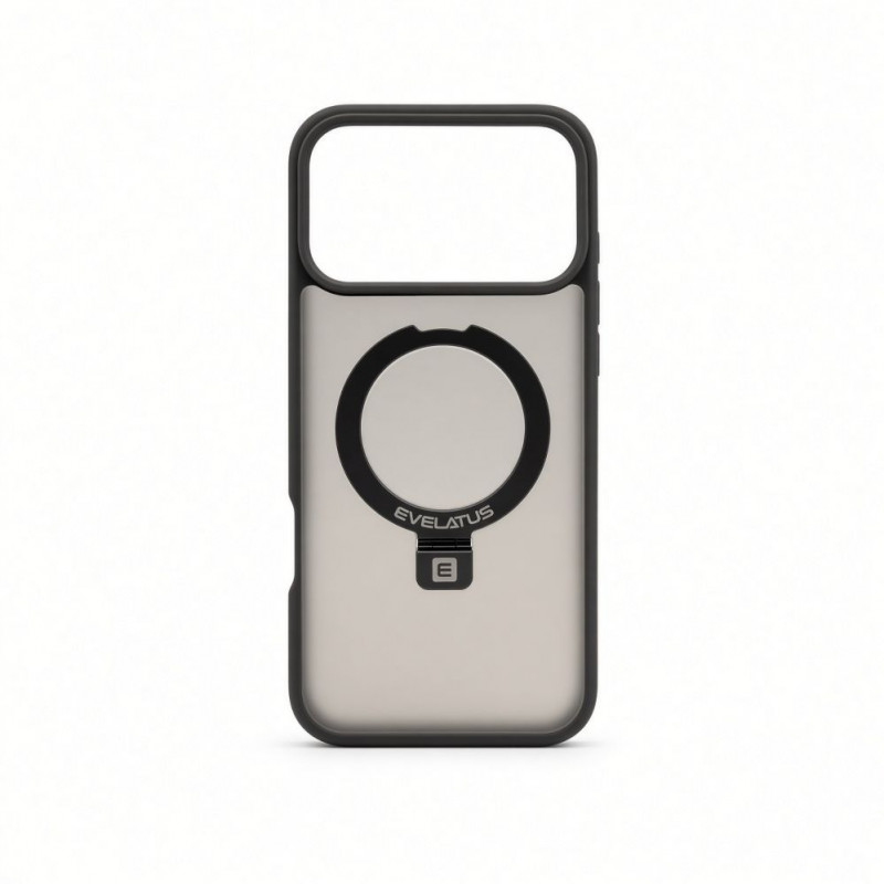 Evelatus Shield cover con MagSafe e supporto per Apple iPhone 18 Pro, anello opaco, grigio fumo