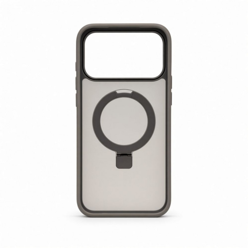 Evelatus Shield cover con MagSafe e supporto per Apple iPhone 18 Pro, anello opaco, grigio fumo