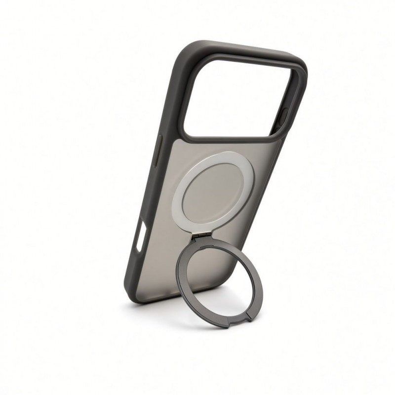 Evelatus Shield cover con MagSafe e supporto per Apple iPhone 18 Pro, anello opaco, grigio fumo