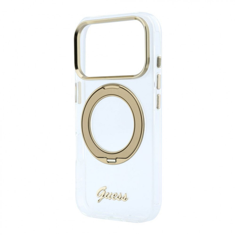 Guess HC MagSafe IML Ring Stand 360 Script Metal Logo cover per Apple iPhone 18 Pro, trasparente