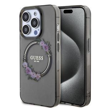 Guess PC/TPU Flowers Ring Glossy Logo custodia MagSafe per Apple iPhone 15 Pro, nero trasparente (GUHMP15LHFWFCK)