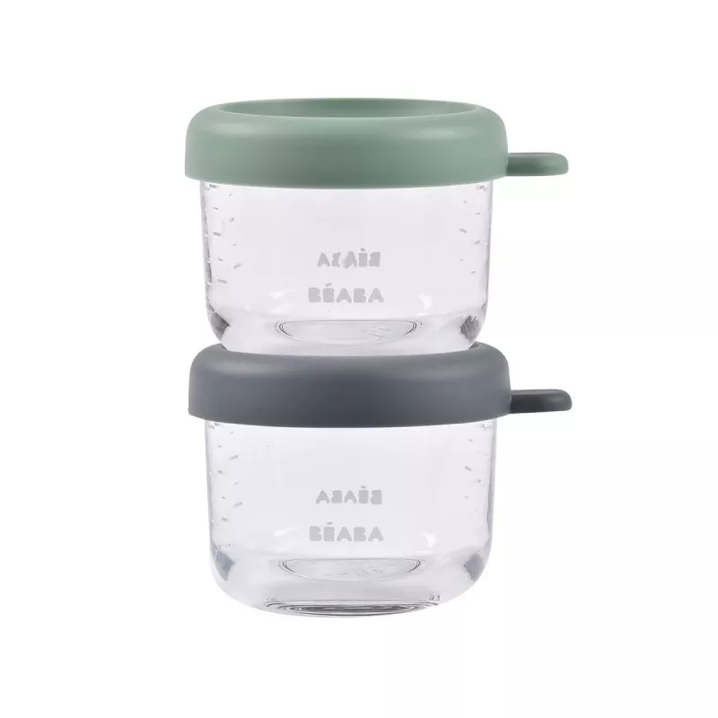Beaba set di contenitori in vetro con coperchio 2 x 150 ml mineral/salvia