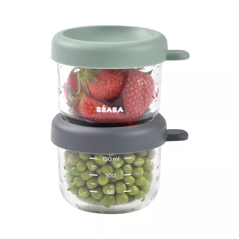 Beaba set di contenitori in vetro con coperchio 2 x 150 ml mineral/salvia