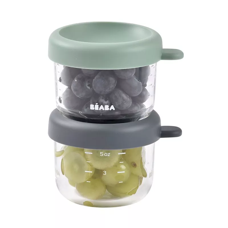 Beaba set di contenitori in vetro con coperchio 2 x 150 ml mineral/salvia
