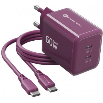 Forcell F-Energy GaN III VT-60 60W PD QC 4.0+ alimentatore 2x USB-C color bordeaux + cavo USB-C